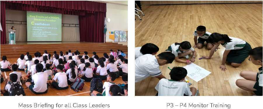 Two school scenes: students in a hall watching a leadership presentation, and students on a floor collaborating on a worksheet.